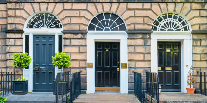 Typical townhouses and front doors in the New Town district of Edinburgh, Scotland