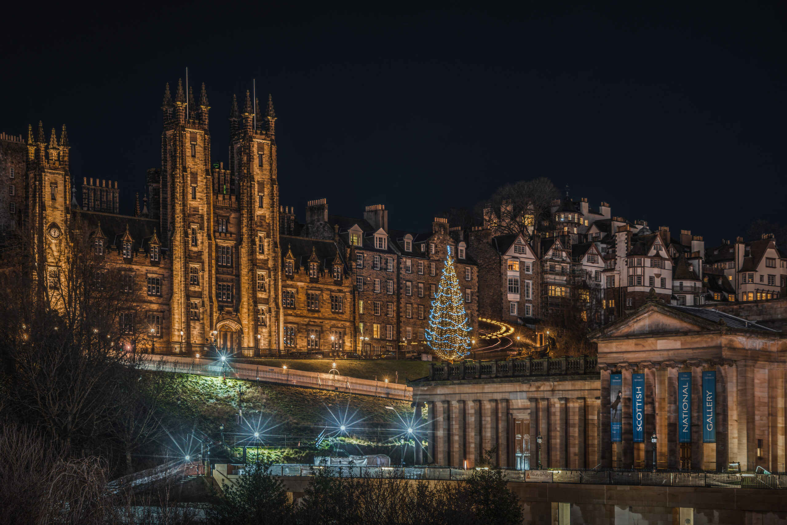 Edinburgh scenic night cityscape with National Scottish Gallery. Edinburgh, Scotland, Jan. 2023