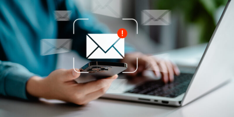 Women using smartphones check email notifications inbox have spam viruses message with warning caution, junk and trash mail, security terms cybersecurity concept