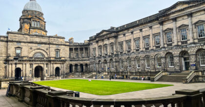The lush green view at the Old College at University of Edinburgh