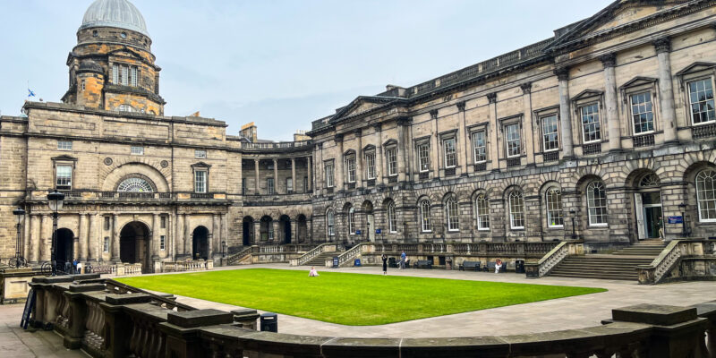 The lush green view at the Old College at University of Edinburgh